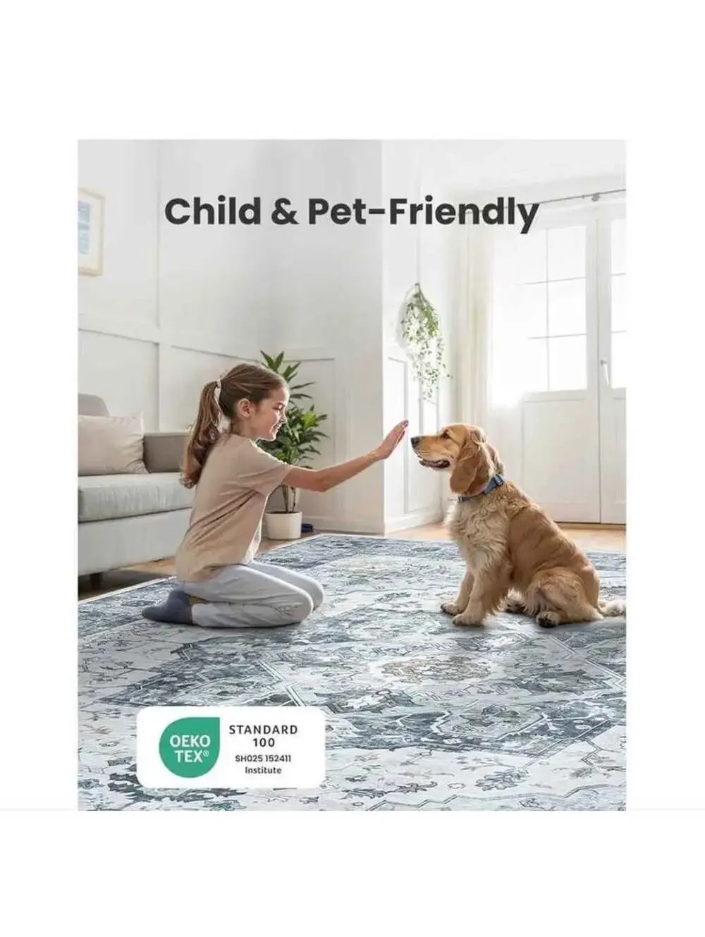 8x10 Area Rug, Washable Low-Profile Large Area Rug with NonSlip